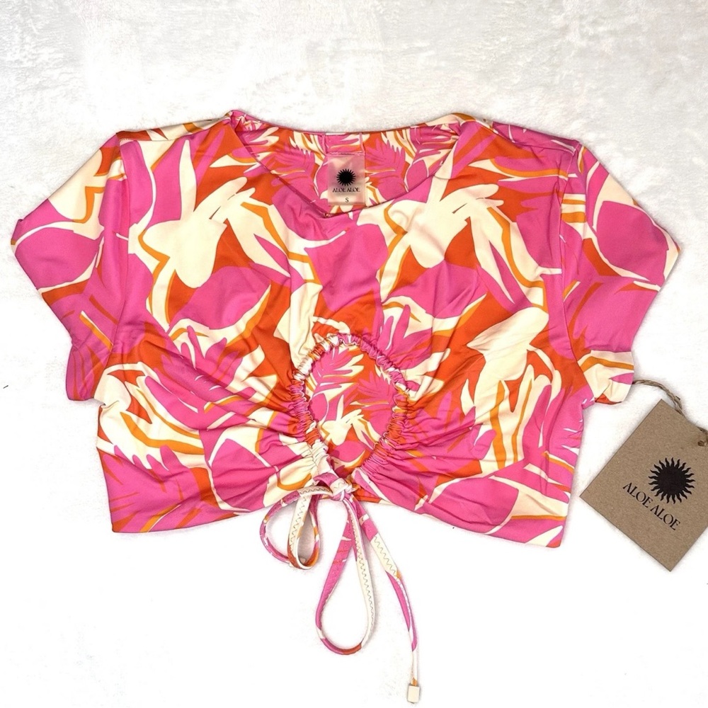 Free People Aloe Aloe Crop Bikini Top Sz S Waikiki Tropical Print Reversible NWT
